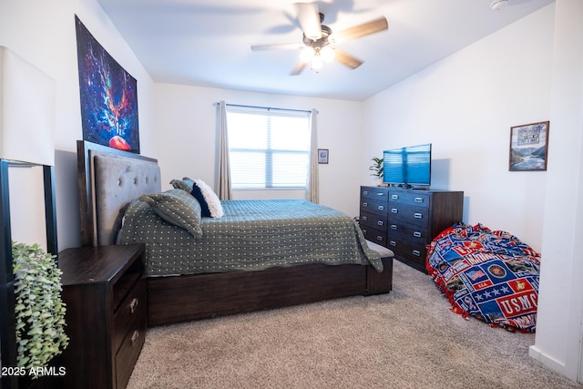 bedroom with light carpet and ceiling fan