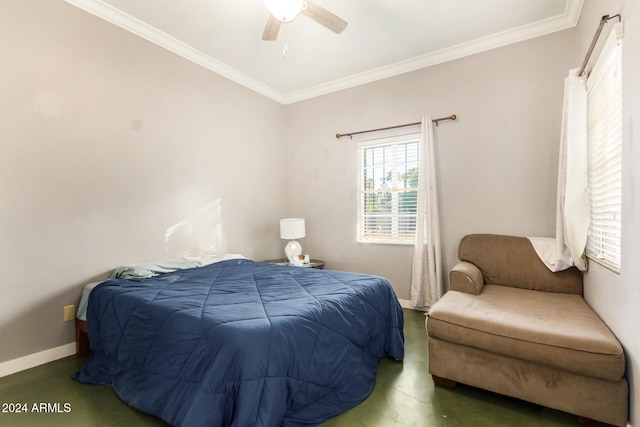 bedroom with ceiling fan and crown molding