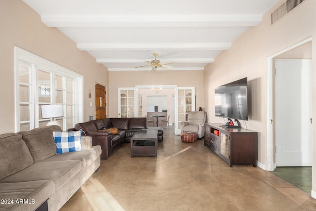 living room featuring ceiling fan, beam ceiling, and french doors