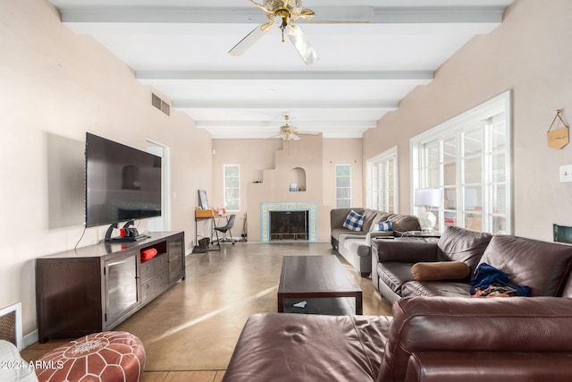 living room with beam ceiling