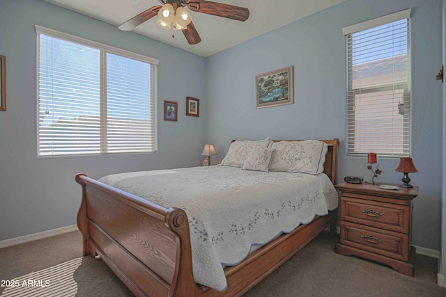 bedroom featuring a ceiling fan, baseboards, and carpet flooring