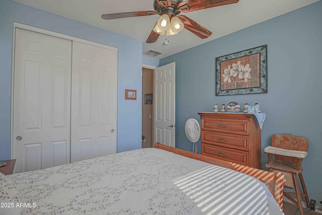 bedroom featuring a closet, visible vents, and a ceiling fan