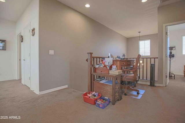 rec room with baseboards, carpet floors, and recessed lighting