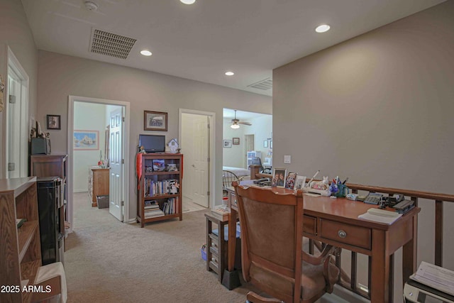 office with light carpet, visible vents, and recessed lighting