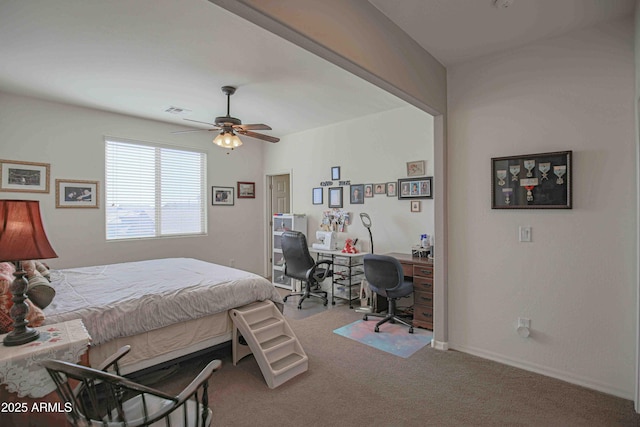 bedroom with carpet floors, baseboards, visible vents, and a ceiling fan