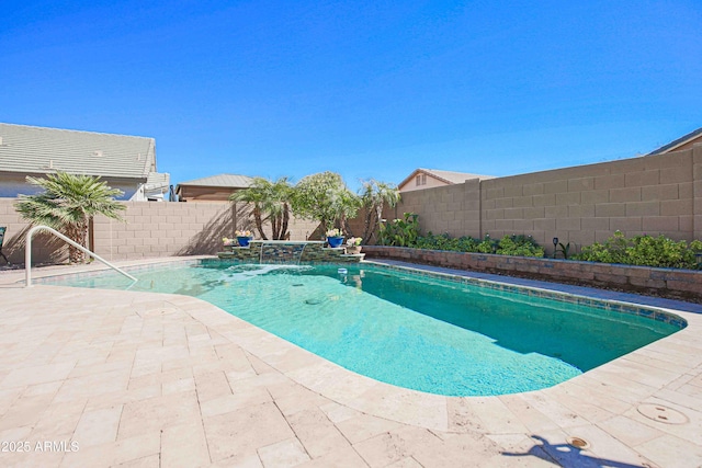 view of swimming pool with a fenced backyard, a fenced in pool, and a patio