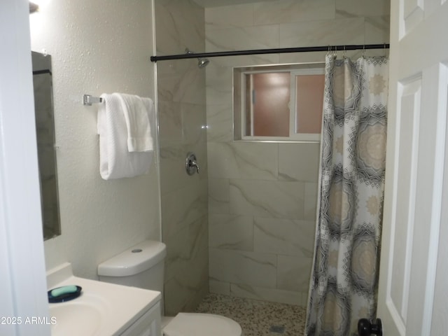 bathroom with vanity, toilet, and a shower with shower curtain