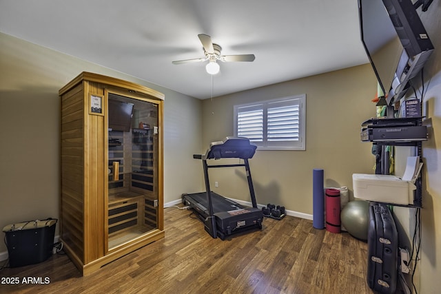 308 E Ln Jolla Dr, Tempe, AZ 85282 - workout room featuring wood finished floors, a ceiling fan, and baseboards