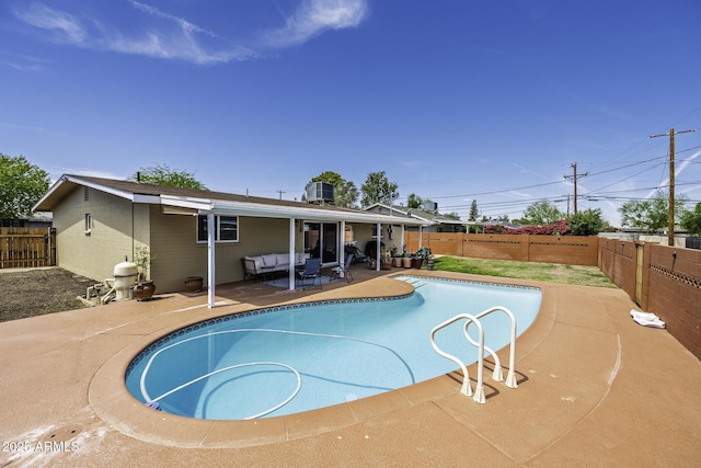 308 E Ln Jolla Dr, Tempe, AZ 85282 - view of swimming pool featuring an outdoor living space, a fenced backyard, a patio area, and central air condition unit