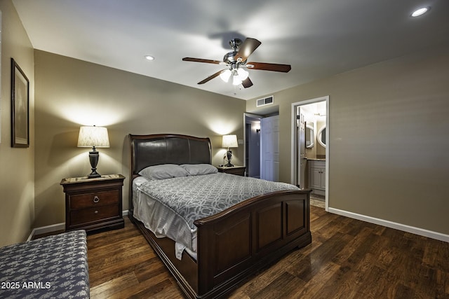 308 E Ln Jolla Dr, Tempe, AZ 85282 - bedroom featuring dark wood-style flooring, baseboards, recessed lighting, ceiling fan, and ensuite bathroom