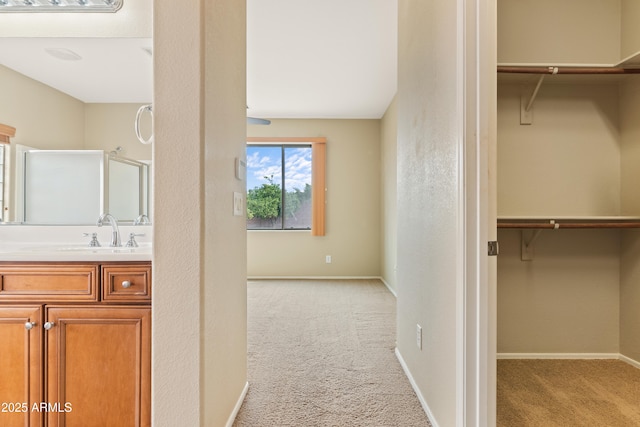 interior space with a sink and light colored carpet