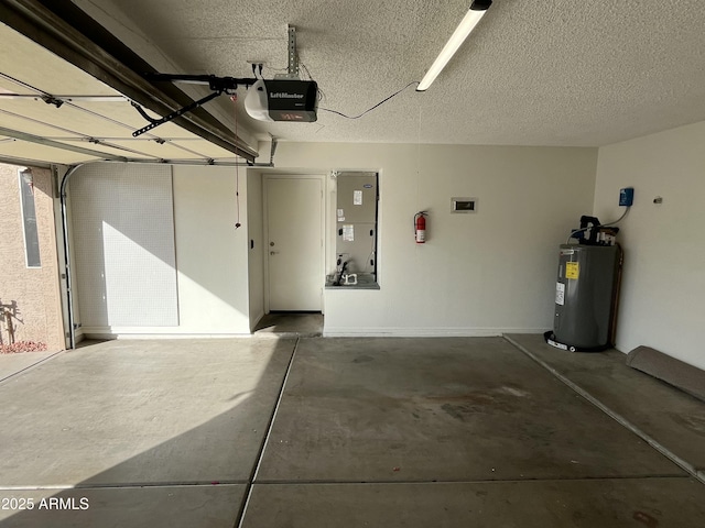 garage with water heater and a garage door opener