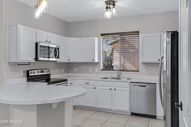 kitchen featuring white cabinetry, appliances with stainless steel finishes, kitchen peninsula, and sink