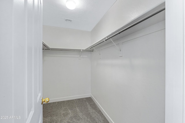 spacious closet featuring dark colored carpet