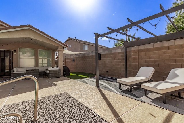 view of patio with an outdoor hangout area and a pergola