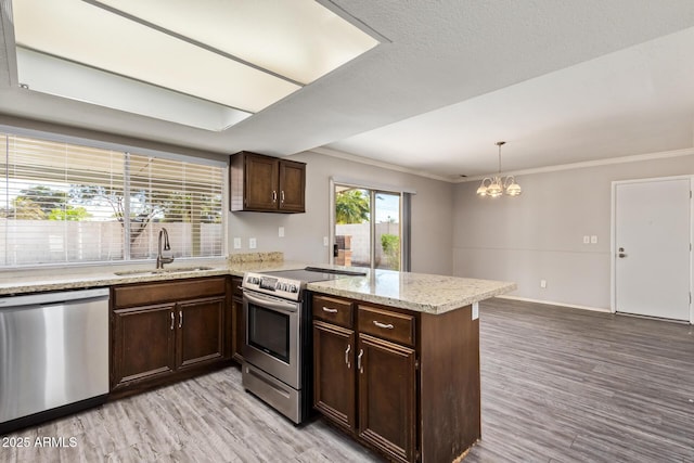 kitchen featuring light wood-type flooring, a sink, stainless steel appliances, and a peninsula