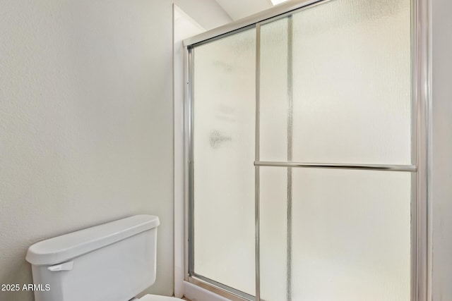 bathroom featuring toilet and a shower stall