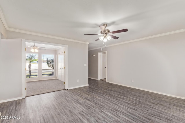 empty room with wood finished floors, crown molding, baseboards, and ceiling fan