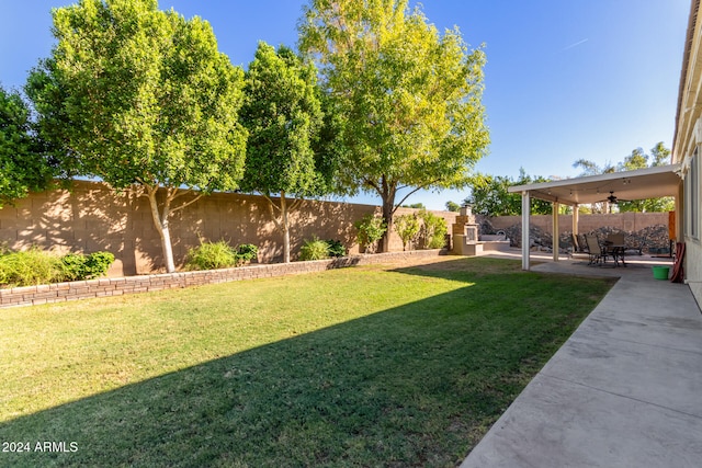 view of yard featuring a patio area and ceiling fan