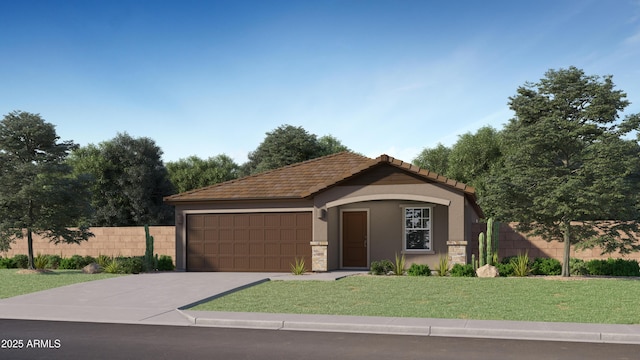 ranch-style home with driveway, a front yard, fence, an attached garage, and stucco siding