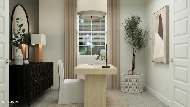 office with baseboards and light colored carpet