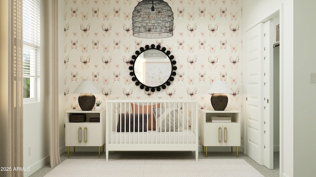 bedroom with baseboards, carpet flooring, and wallpapered walls