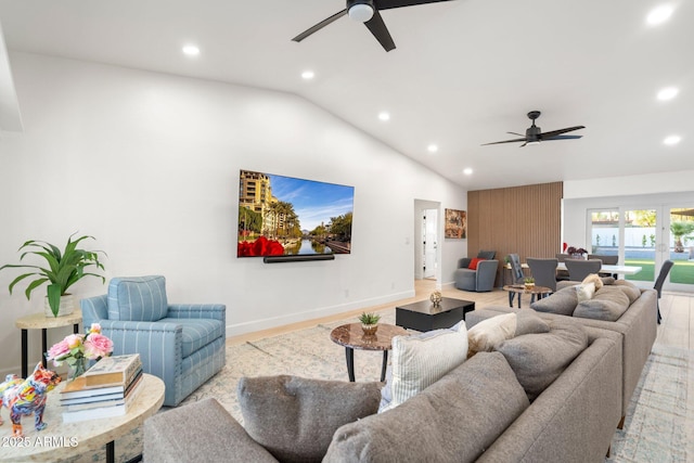 living room with wood finished floors, baseboards, ceiling fan, high vaulted ceiling, and recessed lighting