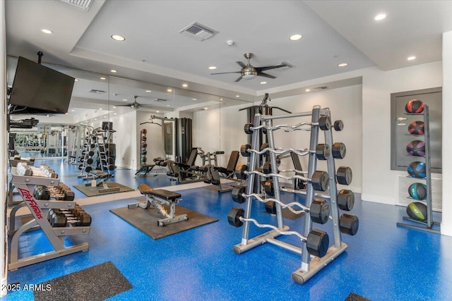 945 E Playa Del Norte Dr Unit 1016, Tempe, AZ 85288 - gym featuring a ceiling fan, recessed lighting, and a tray ceiling