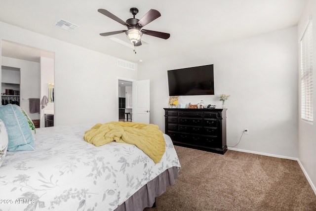 bedroom featuring visible vents, baseboards, ceiling fan, and carpet flooring