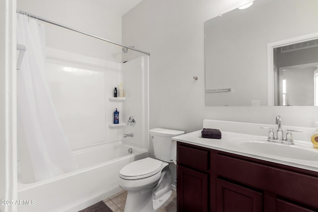 full bathroom featuring visible vents, toilet, shower / bath combo, tile patterned floors, and vanity