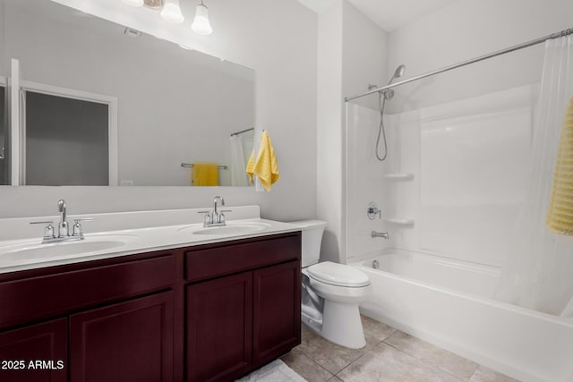 bathroom featuring tile patterned floors, shower / bathtub combination with curtain, double vanity, and a sink