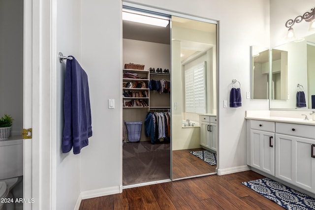 bathroom with hardwood / wood-style flooring and vanity