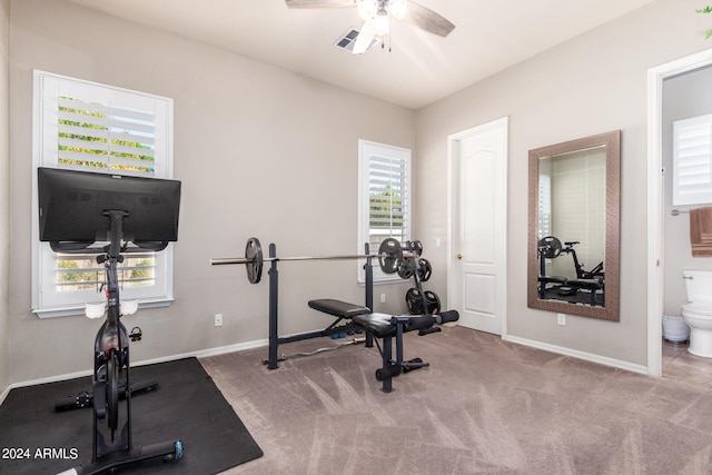 workout room featuring ceiling fan, light colored carpet, and a healthy amount of sunlight