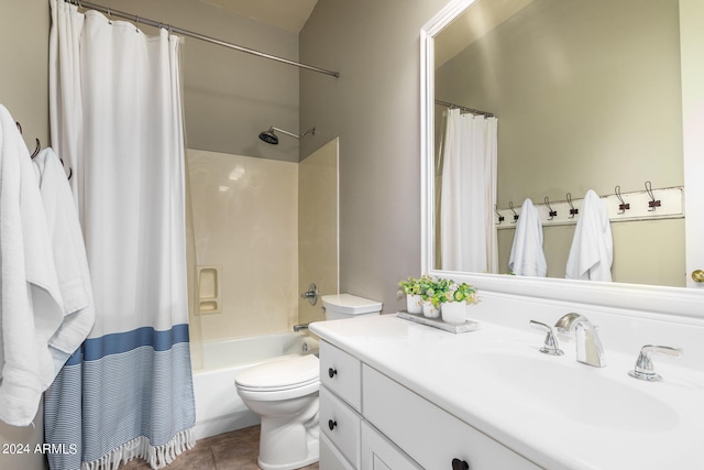 full bathroom with vanity, shower / tub combo, toilet, and tile patterned floors