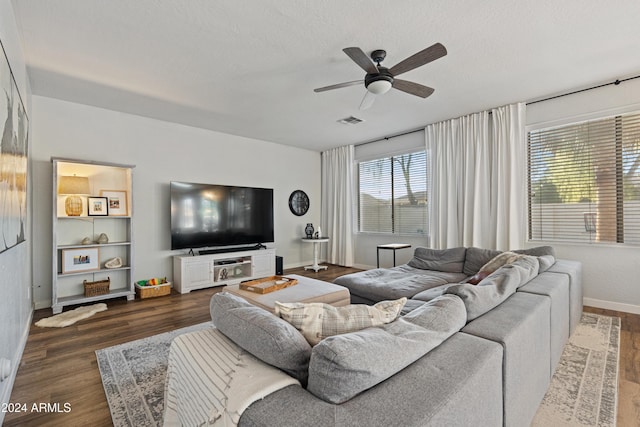 2811 E Riviera Pl, Chandler, AZ 85249 - living area featuring baseboards, a ceiling fan, wood finished floors, and a textured ceiling