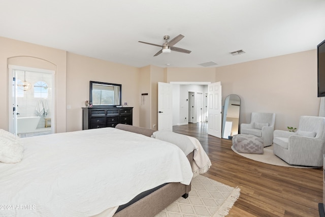 2811 E Riviera Pl, Chandler, AZ 85249 - bedroom with wood finished floors, ceiling fan, and ensuite bath