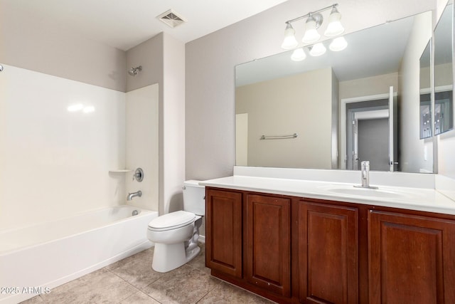 full bath with visible vents, toilet, tile patterned floors, vanity, and shower / bathing tub combination