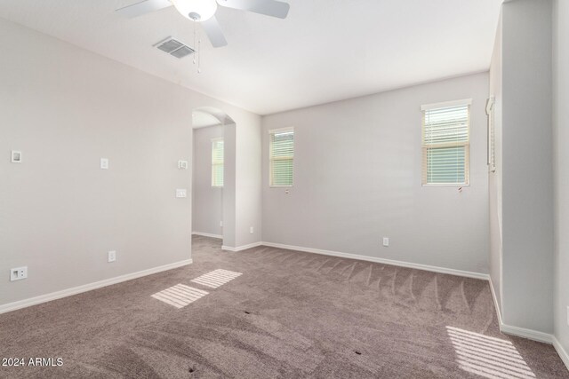 spare room with ceiling fan, plenty of natural light, and carpet floors