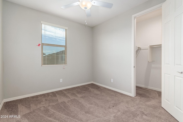 unfurnished bedroom featuring a walk in closet, ceiling fan, a closet, and light carpet