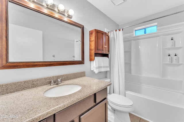 full bathroom featuring tile patterned flooring, vanity, shower / bath combo, and toilet