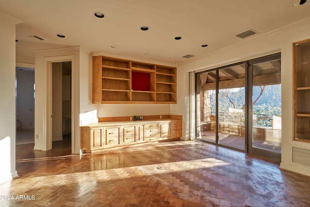 unfurnished living room with parquet floors and ornamental molding