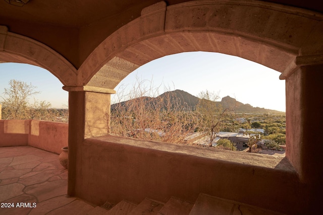 view of patio featuring a mountain view