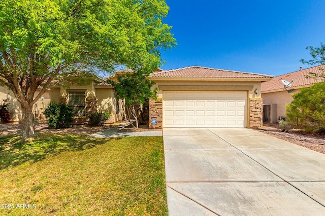 12726 W Charter Oak Rd, El Mirage, AZ 85335 - single story home with a tile roof, driveway, an attached garage, a front yard, and stucco siding