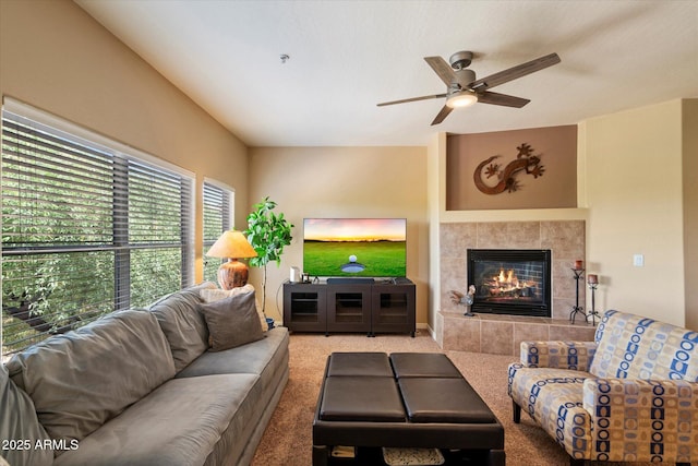 19700 N 76th St Unit 2089, Scottsdale, AZ 85255 - living room featuring a fireplace, carpet, and ceiling fan