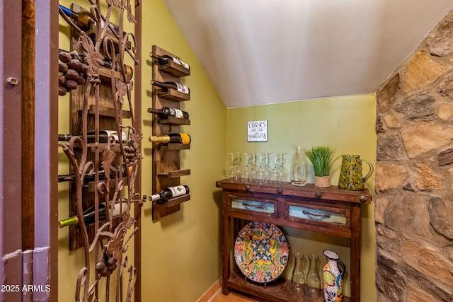 wine cellar with lofted ceiling