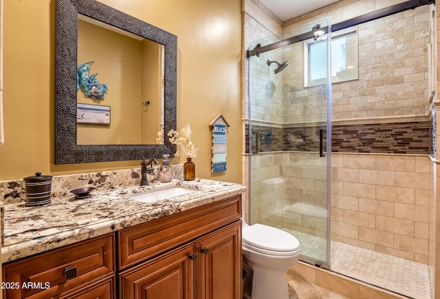 full bathroom featuring a shower stall, vanity, and toilet