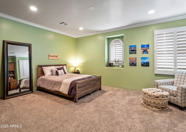 bedroom featuring recessed lighting, carpet flooring, visible vents, and crown molding