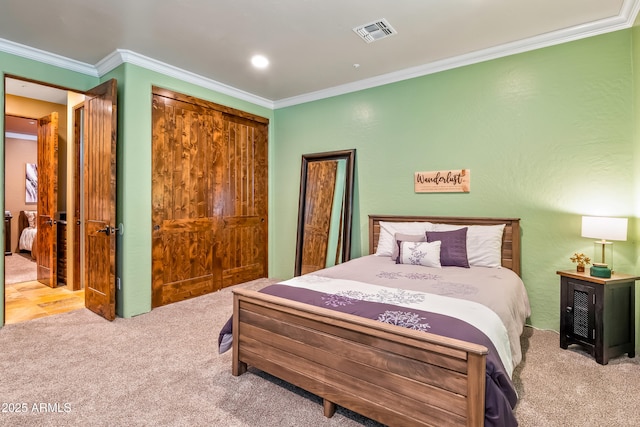 bedroom featuring carpet floors, visible vents, and crown molding