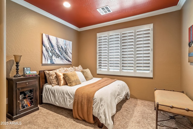 bedroom featuring light carpet, a textured wall, visible vents, and crown molding