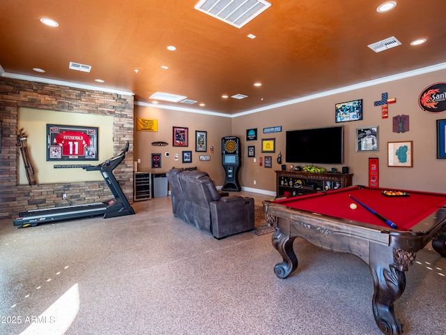 recreation room with visible vents, crown molding, and recessed lighting